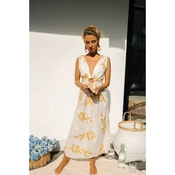 Sundress Yuma Leaf Gold Foil Resort Vneck Midi Side Slits Dress Womens Medium - Picture 1 of 10